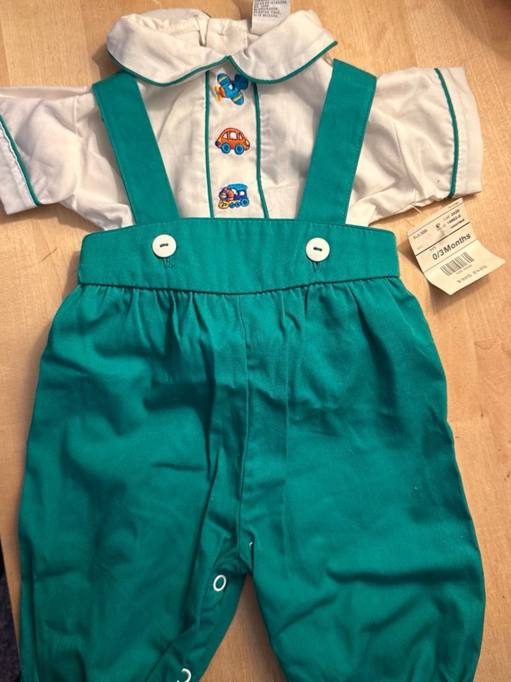 Vintage Baby Teal Suspender Overalls with White Embellished Bodice